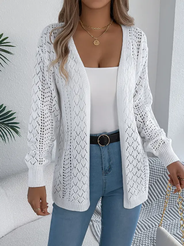Women Hollow Out Lantern Sleeve Long Sleeve Cardigan Sweater Coat White - Shop at LoveMi