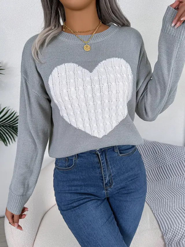 Women Cable Knit Heart Long Sleeve Pullover Sweater Gray - Shop at LoveMi