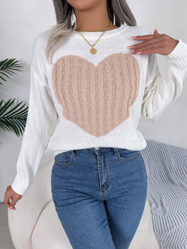Women Cable Knit Heart Long Sleeve Pullover Sweater Pink - Shop at LoveMi