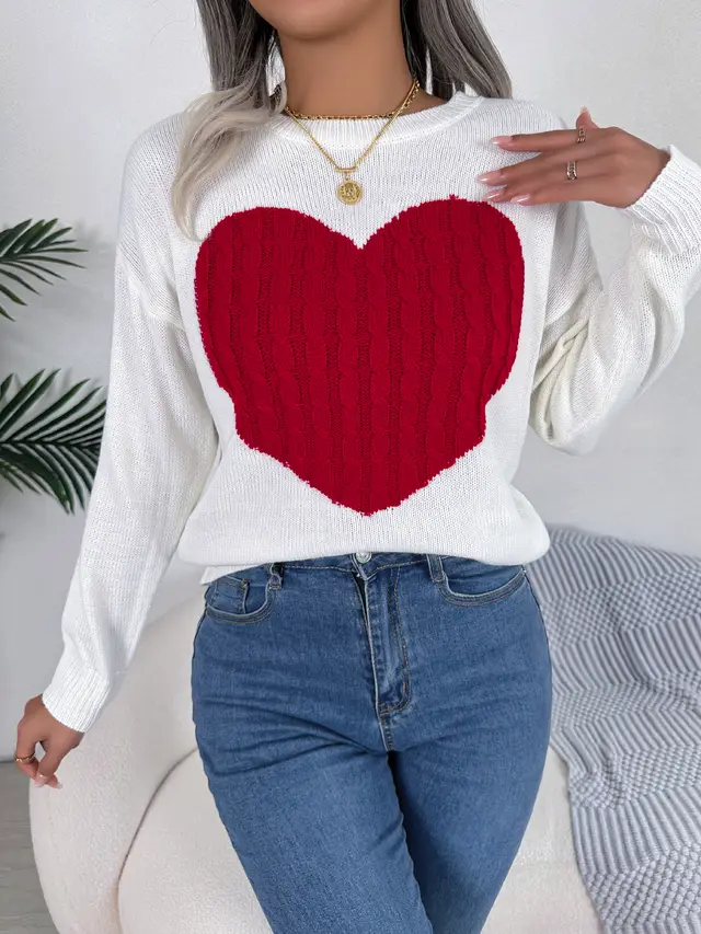 Women Cable Knit Heart Long Sleeve Pullover Sweater White - Shop at LoveMi
