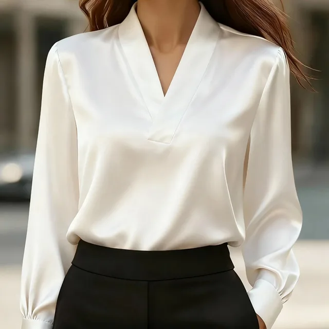 Women's Elegant V Neck Blouse, Solid Color Shiny Finish Long Sleeve Dress Shirt For Office And Casual Wear White - Shop at LoveMi