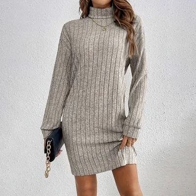 Women's Turtleneck Mini Dress Slim Fit Long Sleeve Spring Fall Dress, Lightweight Basic Apricot - Shop at LoveMi