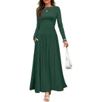 Women's Elegant Ruffle Detail Dress, Solid Color Round Neck Long Sleeve Knit Dress With Pockets - Dark Green