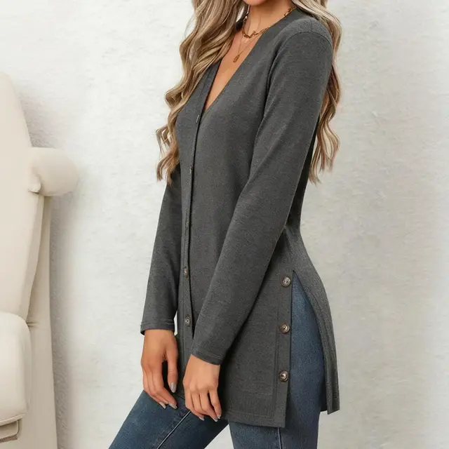 Women's Side Slit Cardigan Spring Fall Lightweight V Neck Button Down Cover Up Dark Gray - Shop at LoveMi
