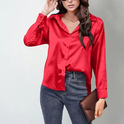 Women's Elegant Satin Lapel Shirt, Long Sleeve Button Down Blouse For Casual And Office Wear Red - Shop at LoveMi