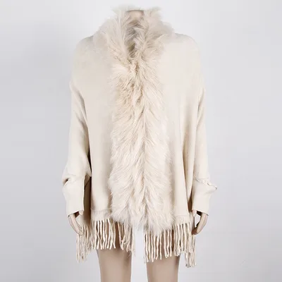 Women's Faux Fur Trim Cardigan Coat Fringe Hem Layer Poncho For Fall & Winter Apricot - Shop at LoveMi
