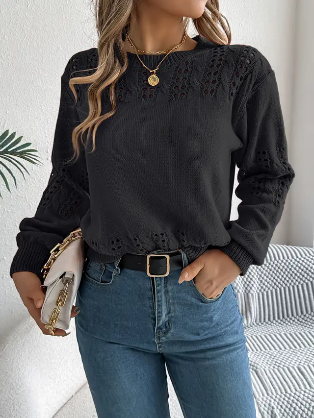 Women Casual Solid Color Hollow Out Lantern Sleeve Pullover Sweater Black - Shop at LoveMi