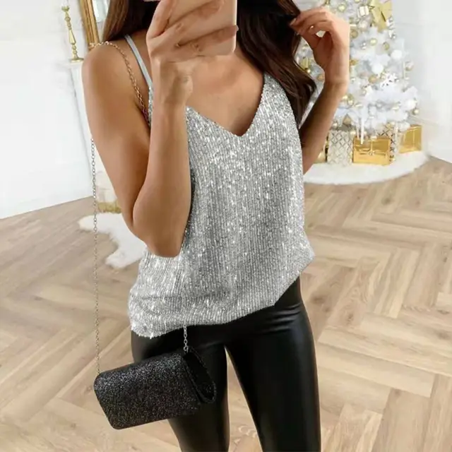 Plus Size Women's Sequin Tank Top, Y2K Style V Neck Sleeveless Spaghetti Strap Top For Everyday Wear Silver - Shop at LoveMi