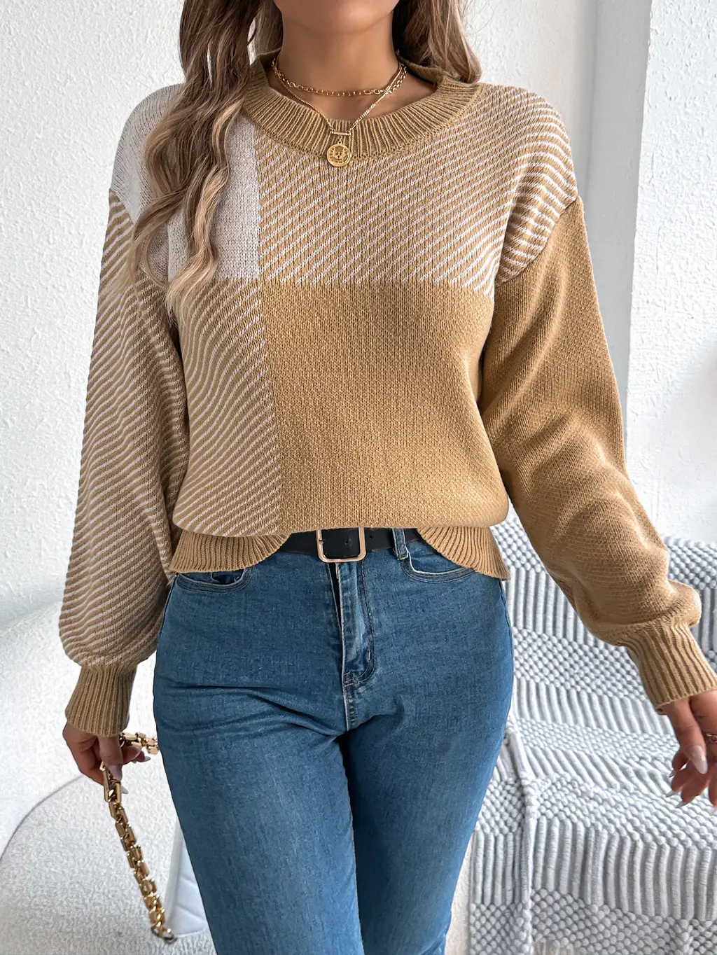 Women Casual Colour Block Plaid Long Sleeve Pullover Sweater - Khaki