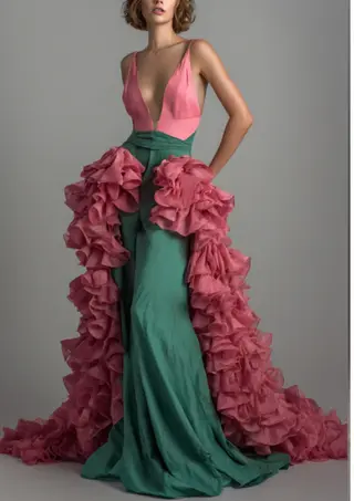 Two-Tone Deep V Gown With Detachable Cascading Ruffle Train - Pinkgreen