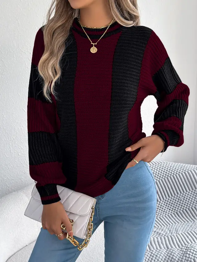 Women Casual Color Block Stripe Lantern Sleeve Pullover Sweater Burgundy - Shop at LoveMi