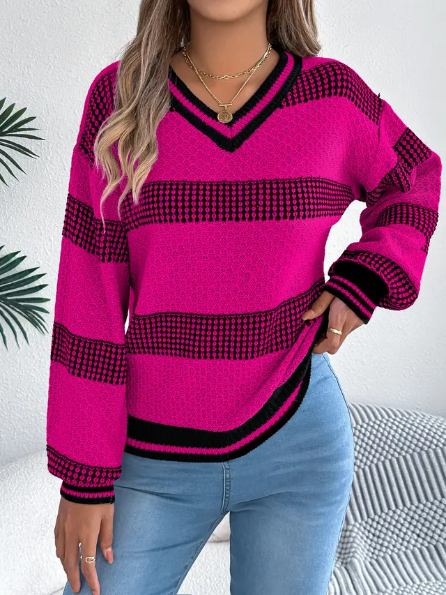 Women V Neck Color Block Stripe Lantern Sleeve Pullover Sweater Rose Red - Shop at LoveMi
