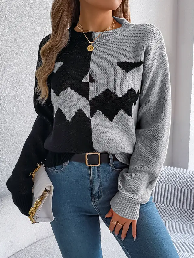 Women Ghost Pumpkin Color Block Long Sleeve Pullover Sweater Gray - Shop at LoveMi
