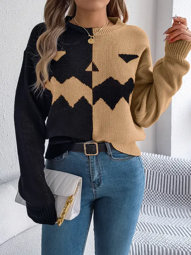 Women Ghost Pumpkin Color Block Long Sleeve Pullover Sweater Khaki - Shop at LoveMi