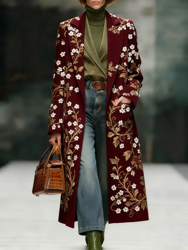 Casual Lapel Floral Embroidered Wool Coat Claret - Shop at LoveMi