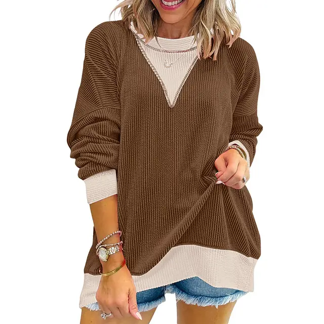 Women's Color Block Pullover Casual Crewneck Long Sleeve Sweatshirt, Cute Loose Fit Top Coffee - Shop at LoveMi