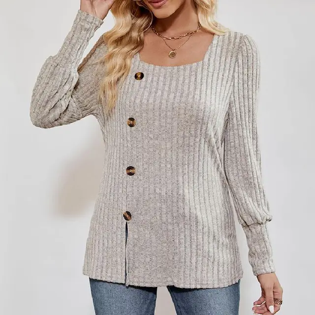 Women's Square Neck Tunic Top Loose Fit Side Slit Long Sleeve Blouse With Button Decor Oatmeal - Shop at LoveMi
