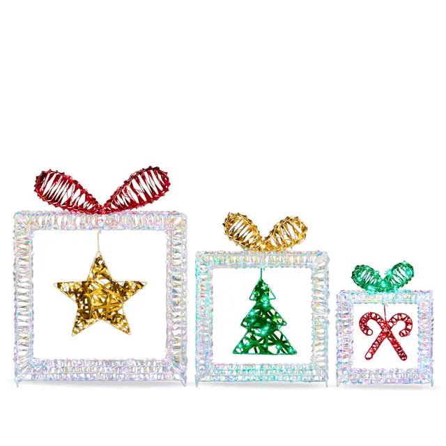 Set Of 3 Lighted Iridescent Cut out Gift Box Christmas Decorations, Pre lit Holiday Decor With 357 White LED Lights For Xmas Outdoor Indoor Decor L... - Shop at LoveMi