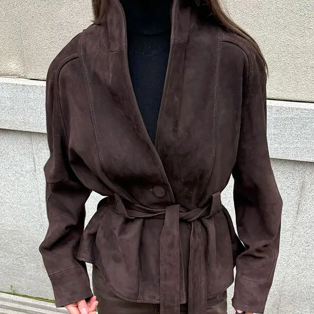 Women's Vintage Faux Suede Jacket Self Tie Waist Belted Coat, Retro Solid Color Dark Brown - Shop at LoveMi