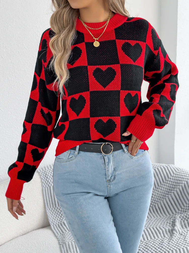 Women's Colour-Blocked Plaid Heart Lantern Sleeve Pullover Sweater For Valentine's Day - Black
