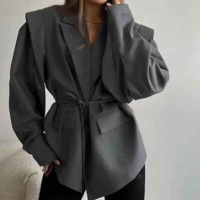 Women's Waist Tie Blazer Elegant Business Casual Solid Color Jacket For Fall Winter Office Gray - Shop at LoveMi