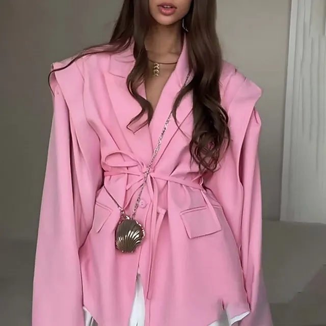 Women's Waist Tie Blazer Elegant Business Casual Solid Color Jacket For Fall Winter Office Pink - Shop at LoveMi