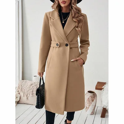 Women's Notch Lapel Trench Coat, Single Breasted Mid Long Casual Formal Outerwear For Fall Winter Camel - Shop at LoveMi