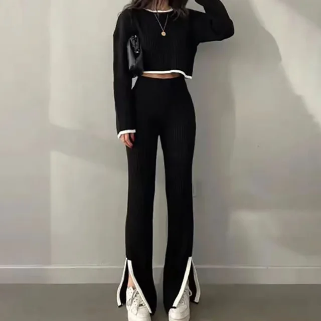 Women's Casual Color Block Two Piece Set, Long Sleeve Crop Top With Slim Slit Pants, Spring&Autumn Comfort Outfit Black - Shop at LoveMi