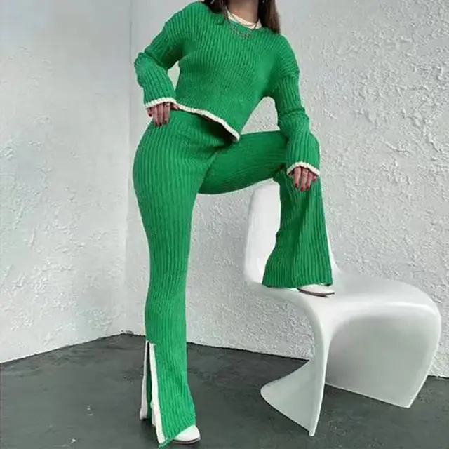 Women's Casual Color Block Two Piece Set, Long Sleeve Crop Top With Slim Slit Pants, Spring&Autumn Comfort Outfit Green - Shop at LoveMi