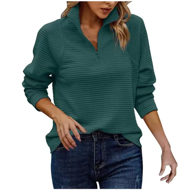 New Solid Color Half Zipper Stand Up Collar Women's Hoodie Dark Green - Shop at LoveMi