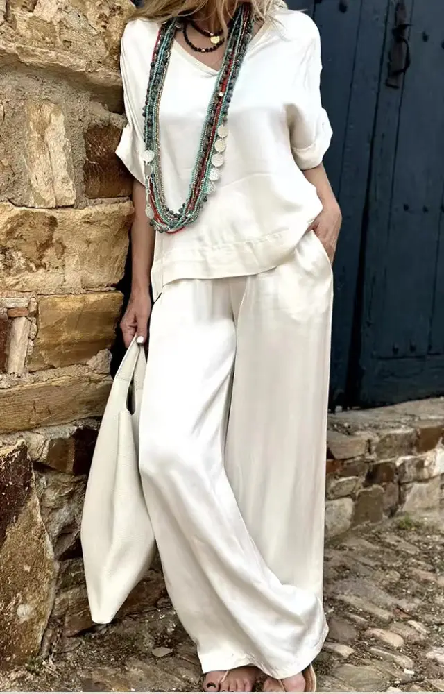 V neck Top Pocket Pants Fashion Set White - Shop at LoveMi