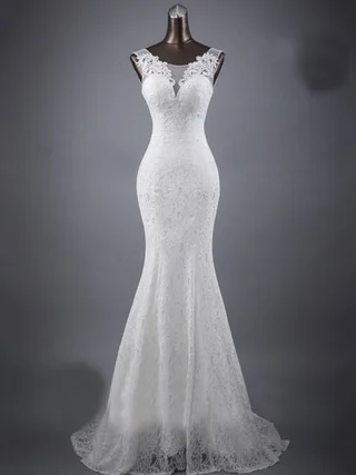 Lace slim and thin double shoulder tail wedding dress - White