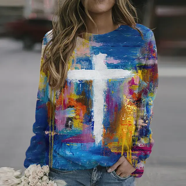 Cross Printed Long Sleeve Round Neck Casual Women's Top And Sweater 1 Color - Shop at LoveMi