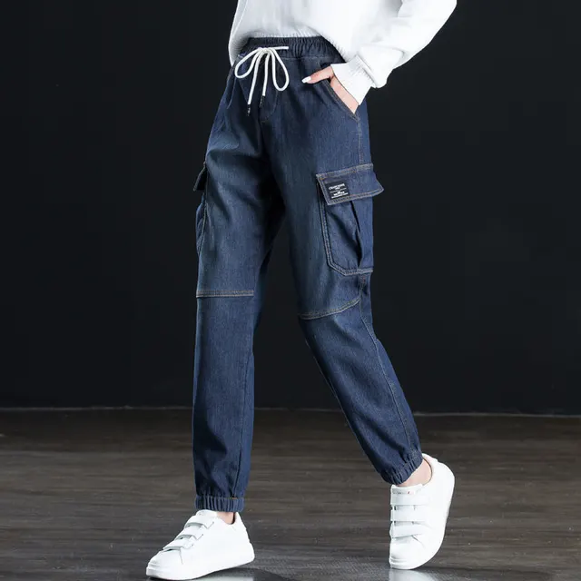 Women's loose high waist belted cargo jeans Ddark Blue Navy blue - Shop at LoveMi