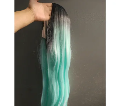 Front Lace Wig Long Straight Hair Female Middle Gradient Ombre Green Chemical Fiber Hood Green - Shop at LoveMi