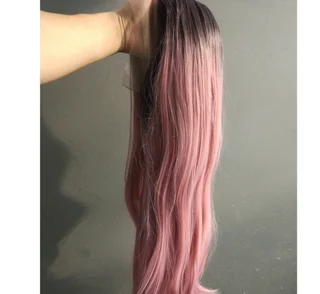 Front Lace Wig Long Straight Hair Female Middle Gradient Ombre Green Chemical Fiber Hood - Pink