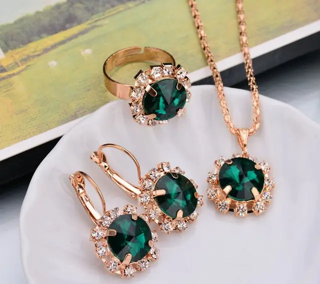 Europe and America fashion round crystal necklace earrings ring set hot jewelry jewelry jewelry Green - Shop at LoveMi