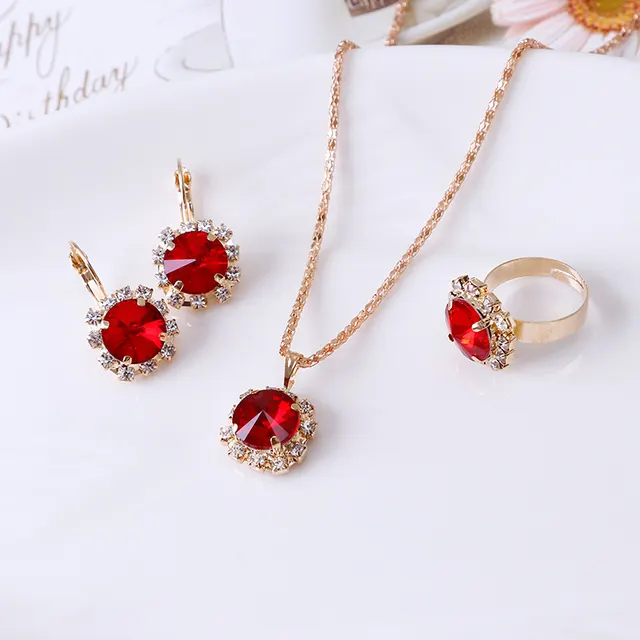 Europe and America fashion round crystal necklace earrings ring set hot jewelry jewelry jewelry Red - Shop at LoveMi
