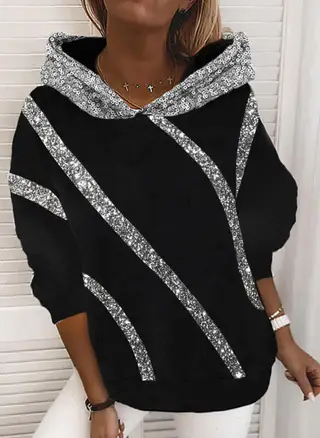 Sequins printed loose hooded sweater women - Black