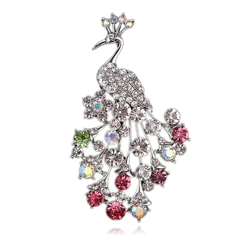 Fashion diamond inlaid peacock Brooch Pin - Silver