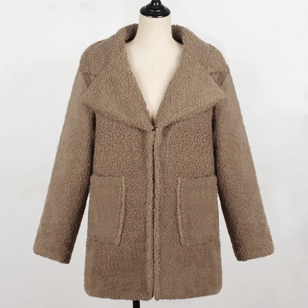 Long faux fur coat suit collar women casual coat - Camel