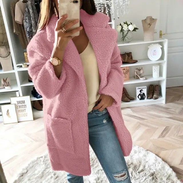 Long faux fur coat suit collar women casual coat Leather Pink - Shop at LoveMi