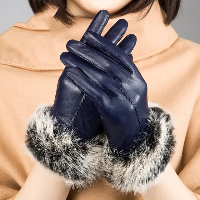 Rabbit hair mouth fashion gloves Blue - Shop at LoveMi