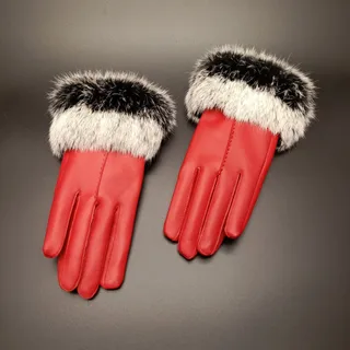 Rabbit hair mouth fashion gloves - Red