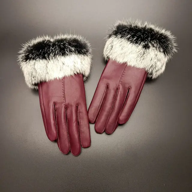 Rabbit hair mouth fashion gloves Wine Red - Shop at LoveMi