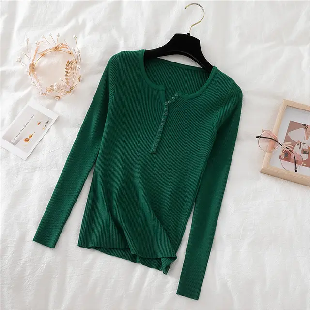 V neck black knitted bottoming shirt women autumn Dark Green - Shop at LoveMi
