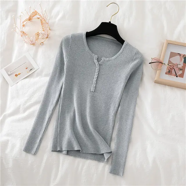 V neck black knitted bottoming shirt women autumn Grey - Shop at LoveMi