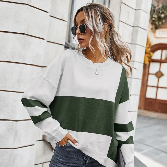 Fashion contrast stitching sweater Army Green - Shop at LoveMi
