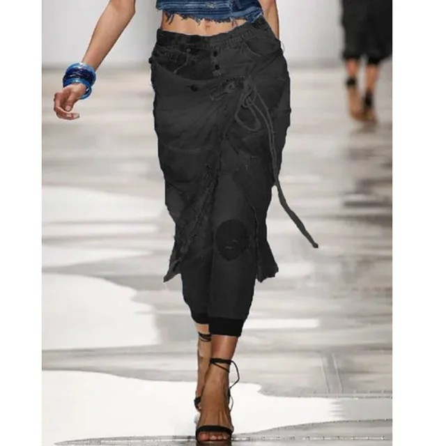 Large Size Ripped Lace Up Trendy Hot Selling Ribbed Trousers Jeans Black - Shop at LoveMi