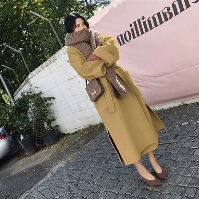 Mid length Korean loose student slim woolen coat Yellow - Shop at LoveMi